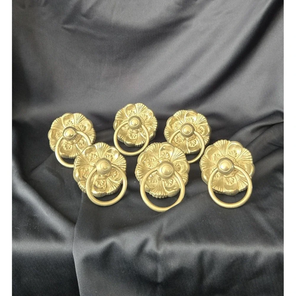 Lot of 6 Silvertone Ornate Floral Backplate w/ Central Drop Ring Drawer Pulls